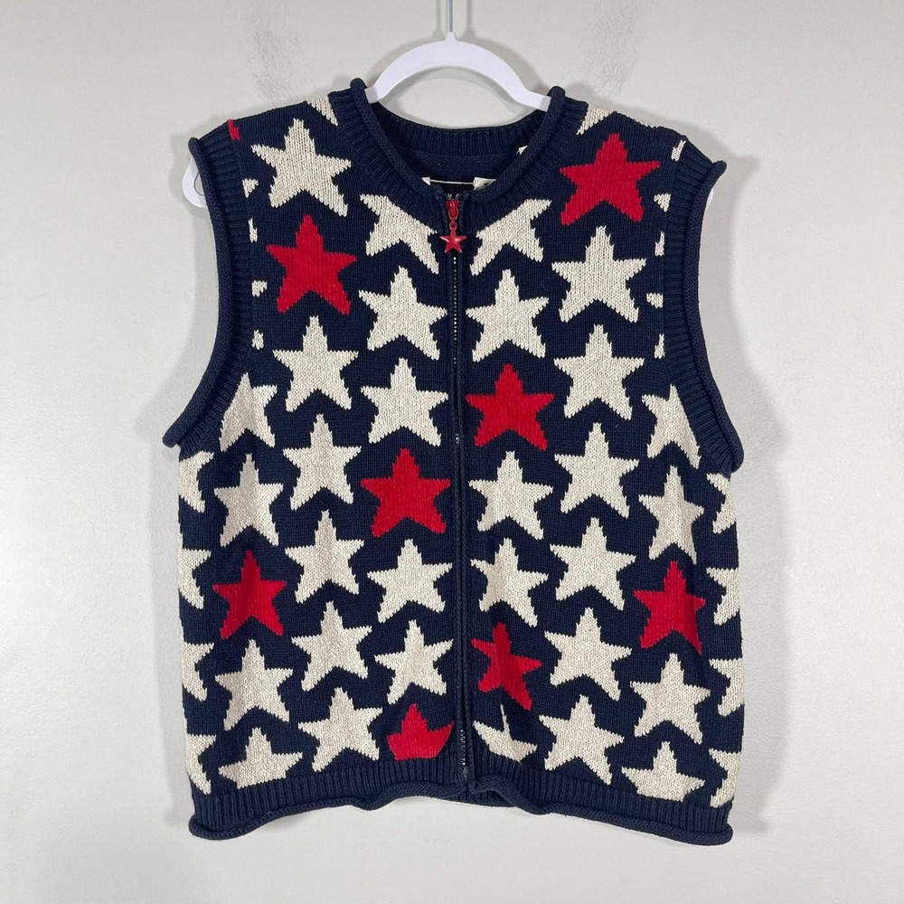 VTG Marisa Christina Sweater Vest Large Red White Blue Patriotic Stars USA 90s
